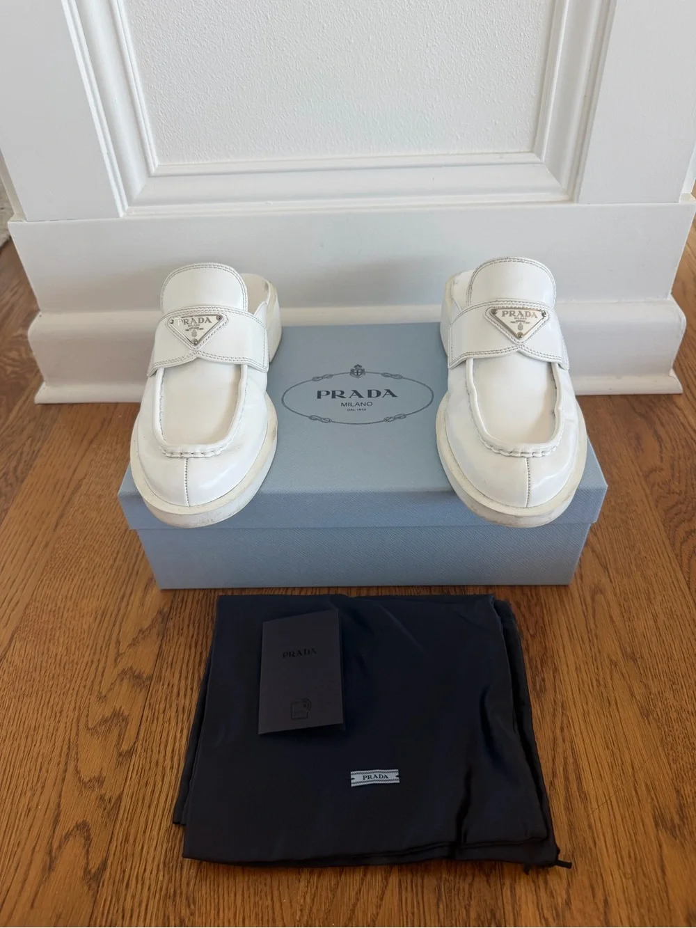 Prada White Triangle Logo Slip-On Loafers, size 38 - Picture 3 of 8